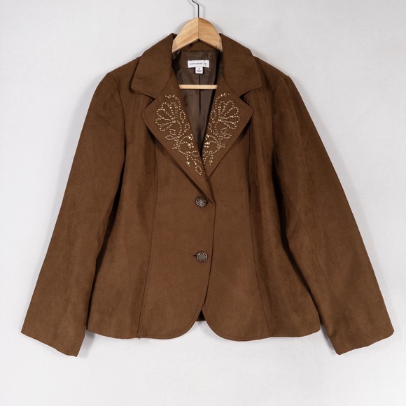 Susan Graver Blazer Jacket Womens Medium Brown Button Up Studded Microfiber - Picture 1 of 8